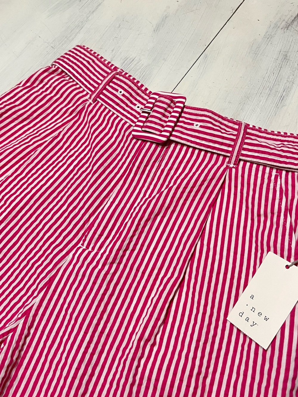 NWT A New Day Pink/White Stripe 100% Cotton Seersucker High Waist Belted Shorts - Picture 2 of 7